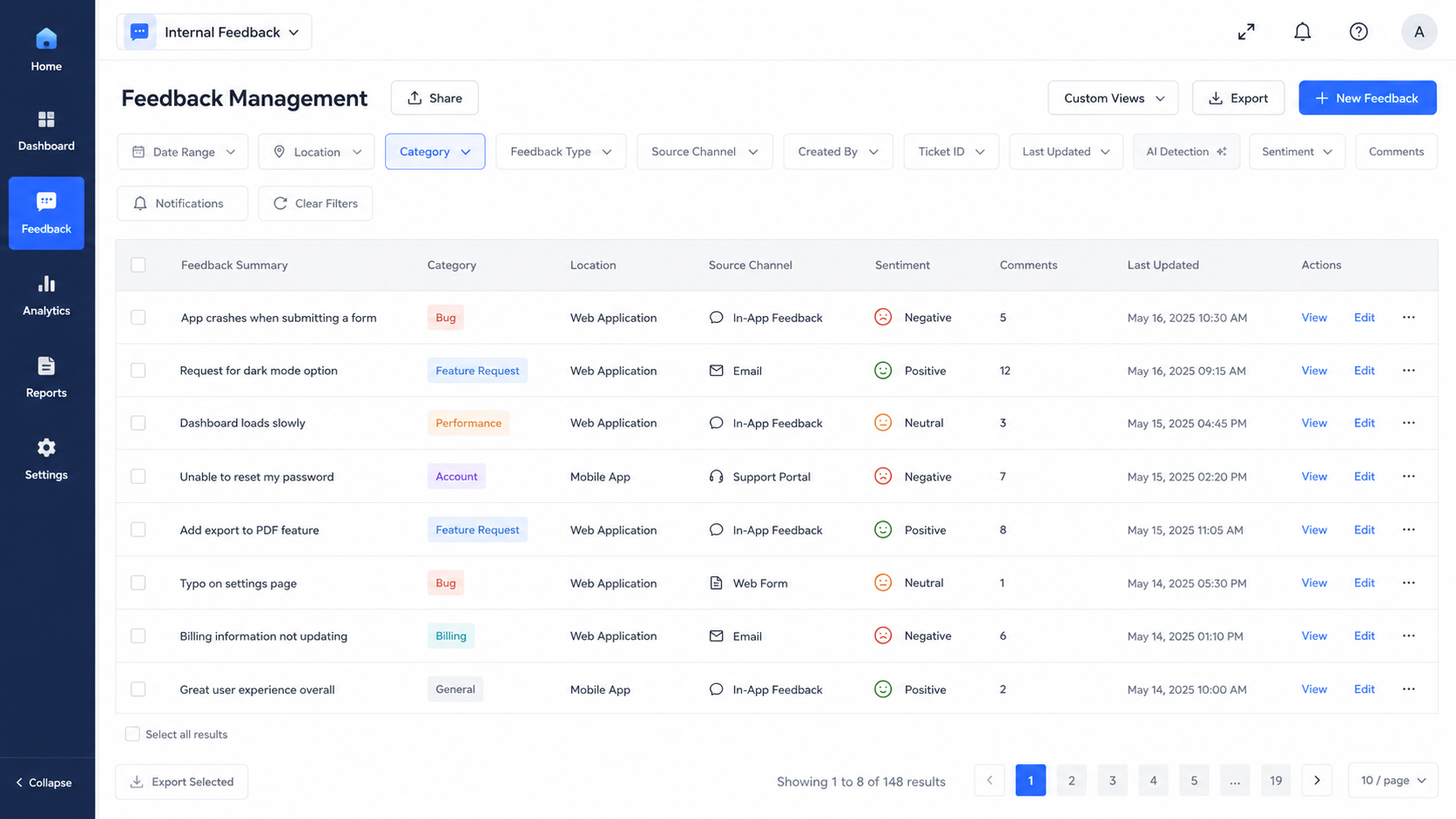 Conceptual prototype of the employee feedback management interface