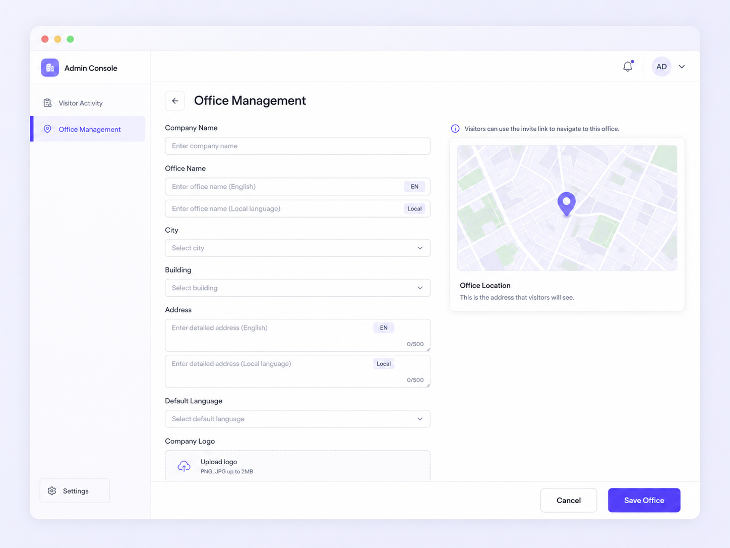 Conceptual admin console mockup for office and policy management.