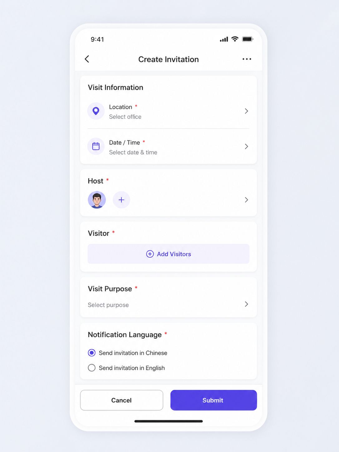 Conceptual mobile mockup of the visitor invitation creation flow.